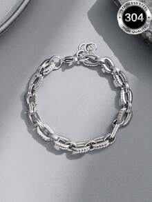 1pc Fashion Versatile Hip-Hop Style Men's Stainless Steel Bracelet, Simple Casual Streetwear - Silver - View 3