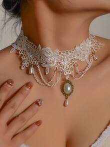 1pc Lace Pearl Tassel Necklace, Suitable For Valentine's Day Wear, Gift For Friends - White - View 4