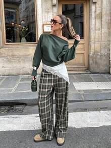 Women's New Autumn Plaid Elastic Waist Straight Leg Pants - Multicolor - View 3