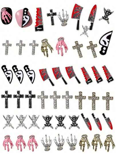 12/6/1 Stück zufälliger Stil Halloween Vintage Gothic Nagelcharms Set - 3D Legierung Skelett, Totenkopf und Kreuz Designs mit Strass für DIY Nagelkunst Dekoration