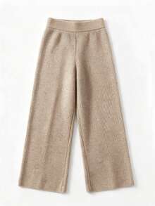 Women's Oatmeal Ribbed Knit Boat Neck Long Sleeve Top & Wide Leg Pants Two Pieces Set, Cozy Casual Loungewear Daily Wear - Oatmeal Color - View 9