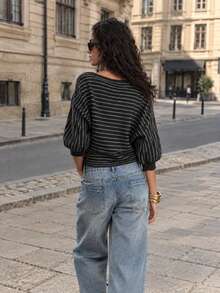 Women's Plus Size Striped Off-Shoulder Long Sleeve Sweater, Suitable For Office Wear, 2026 Newest Plus Size Pullover - Grey - View 5
