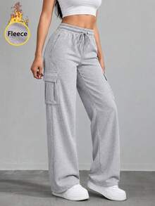Women's High Waist Thermal Lined Cargo Sweatpants With Drawstring Elastic Waist And Side Pockets Wide Leg Casual Pants - Light Grey - View 7