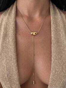 1pc Minimalist Asymmetric Pebble Water Drop Lasso Necklace, Gold Snake Chain Y-Shaped Adjustable Pendant Jewelry, Women's Daily Gift - Gold - View 2