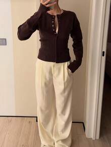 Chic Brown Long Sleeve Ribbed Cardigan For Women With Button Details, Polyester Medium Stretch Regular Length Top, Perfect For Winter Outfits. - Coffee Brown - View 2