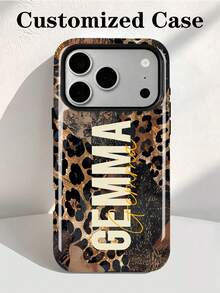 1pc Modern Personalized Leopard Print Text Name Pattern Customization, Personalized Signature Short Phrase Customization, Anniversary Gift, Valentine's Day Gift, Birthday Gift, Wedding Gift, Mother's Day Gift, Father's Day Gift, Best Friend Gift, Gift For Mom/Dad, Gift For Boyfriend, Gift For Girlfriend, 2-In-1 Glossy Film Hard Shell Phone Case Protective Cover, Compatible With Iphone 11/12/13/14/15/16/17 Pro Max - Multicolor - View 1