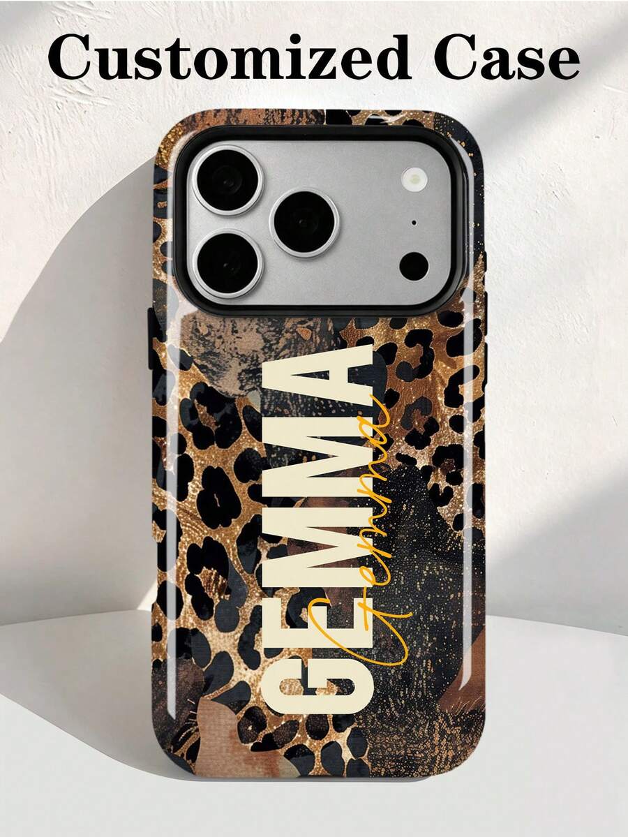 1pc Modern Personalized Leopard Print Text Name Pattern Customization, Personalized Signature Short Phrase Customization, Anniversary Gift, Valentine's Day Gift, Birthday Gift, Wedding Gift, Mother's Day Gift, Father's Day Gift, Best Friend Gift, Gift For Mom/Dad, Gift For Boyfriend, Gift For Girlfriend, 2-In-1 Glossy Film Hard Shell Phone Case Protective Cover, Compatible With Iphone 11/12/13/14/15/16/17 Pro Max - Multicolor - View 1
