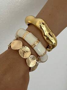 3/1pc Multi-Layer Stackable Fashion Minimalist Elegant Exquisite Vintage Design Geometric Ribbon Wave Disc White Oil Drop Patchwork Metal Style Exaggerated Wide Chunky Bracelet Set, Holiday Vacation Party Date Gift, Daily Commute Wear, Personalized - Yellow Gold - View 6