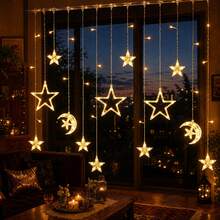 1 buah Lampu Tirai Peri LED Bintang dan Bulan Putih Hangat dengan Dekorasi Gantung Bercahaya, Cocok untuk Karnaval, Pernikahan, Pesta, dan Acara Keluarga - Lampu Tirai Bulan Merangkul Bintang - Bintang Besar - View 5