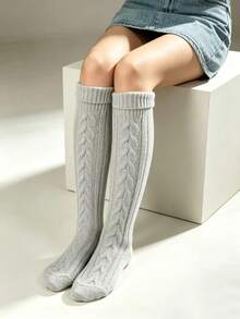 1 Pair Thick Knitted Cable Knit Knee-High Socks, Warm Casual Daily Wear, Comfortable Socks - Light Grey - View 2