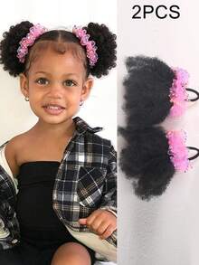 2pcs Kids Hair Buns Afro Puff Soft Hair Marley Kinky Bulk For Hair Girl With Elastic - Natural Black - View 13
