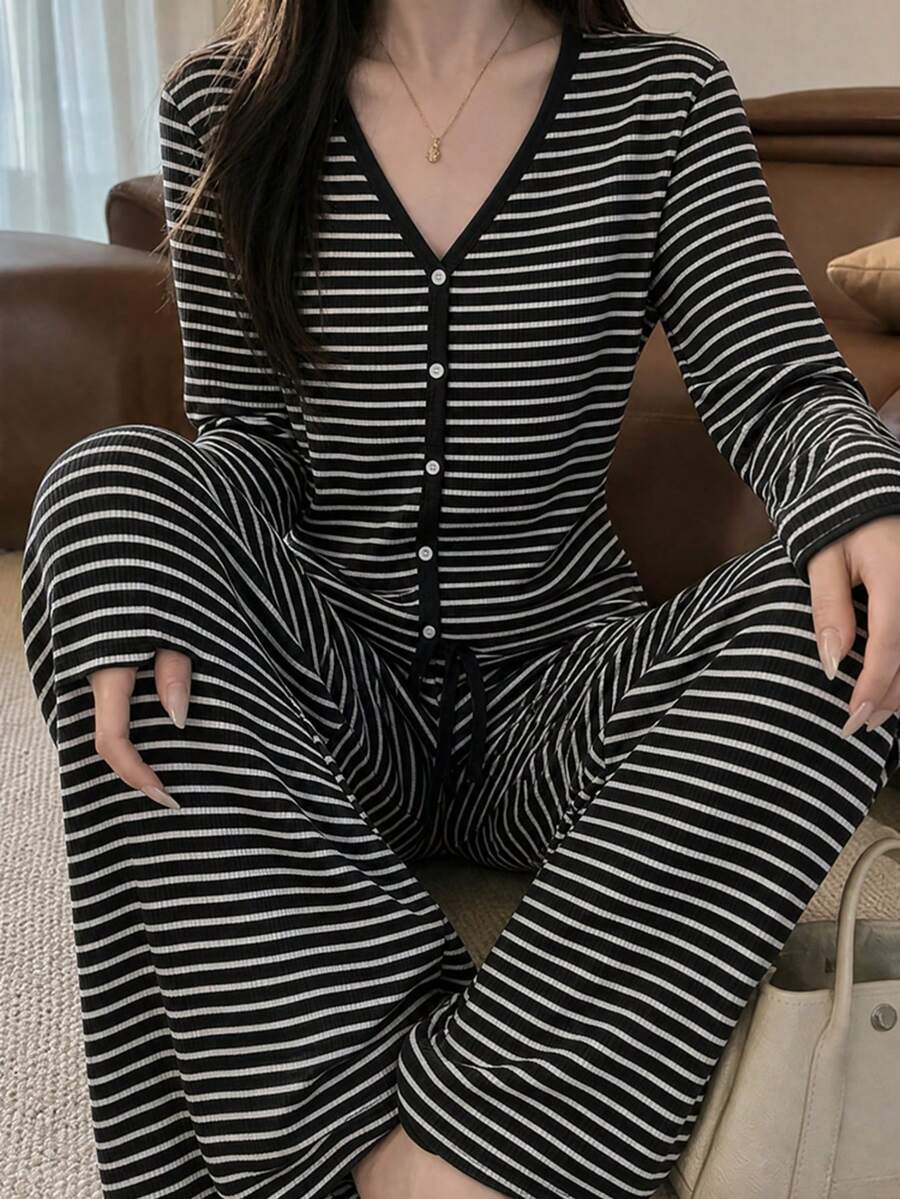 2pcs Women's Pajama Set, V-Neck Cardigan Striped Print Long Sleeve Pants, Easy Care Fabric - Black and White - View 1