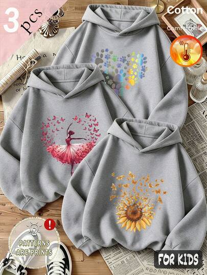 Set da 3 pezzi per ragazze, felpa con cappuccio, stampa a cuore, girasole e farfalla, maniche lunghe in cotone, stile Y2K, autunno/inverno