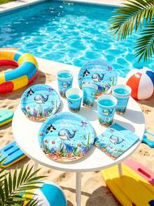 Ocean Animal Theme Party Paper Tableware Set, Ocean Pattern, Happy Birthday, Paper Plates, Paper Cups, Napkins Set, Whale Pattern, Underwater Baptism Whale Style, Suitable For Underwater Theme Party, Birthday, Holiday, Family Event, Party Decoration Supplies Set, Christmas, Restaurant Decoration - Multiple Styles - View 7