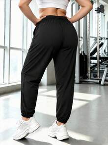 Women's Black High Elasticity Running Pants, Long Woven Fabric Sports Trousers With Drawstring And Side Zipper Pockets - Black - View 4