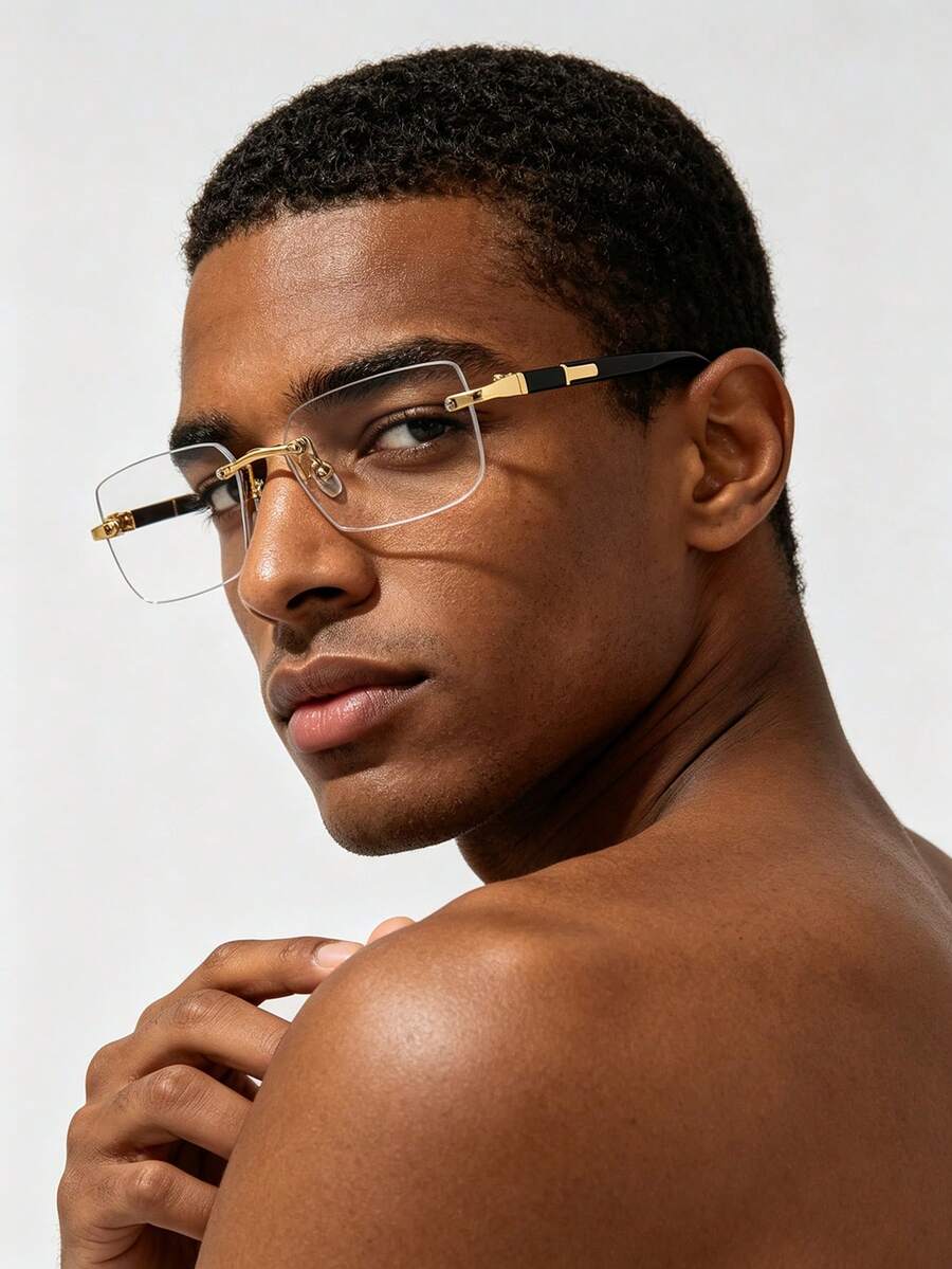 1PC Men's Casual Retro Square Frameless Fashion Clear Lens Glasses, Suitable For Daily Wear, Decoration And Street Photography - Black - View 1