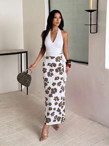Autumn V-Neck Printed Patchwork Dress Women Elegant Dress Beach Party - Beige - View 3