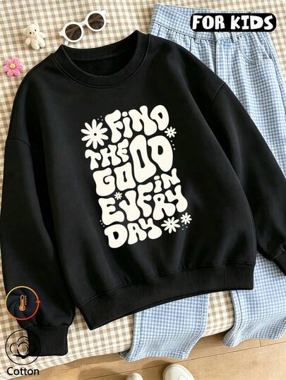 Girls Crew Neck Sweatshirt, Retro Wavy Letter & Daisy Print Long Sleeve Pullover, Casual Loose Tween Girl Sweatshirt For Fall Winter