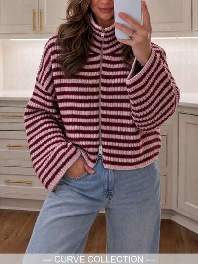 Plus Size Women's College Style Colorblock Striped Zip-Up Cardigan Vintage Striped Colorblock Long Sleeve Everyday Versatile Knit Sweater