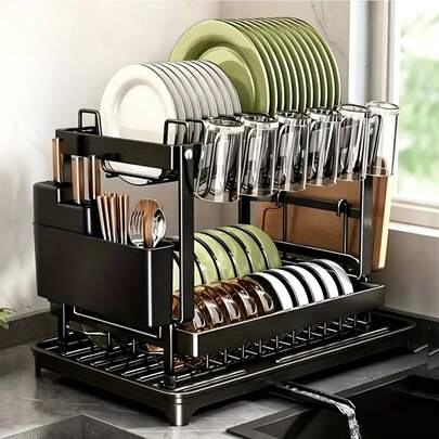 2-Tier Dish Drying Rack - Grande scola piattini in metallo con vassoio di drenaggio, portabicchieri, portautensili e sistema di drenaggio aggiuntivo - Accessorio da cucina per l'asciugatura e l'organizzazione efficiente dei piatti