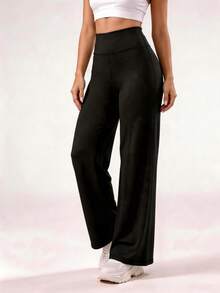 Solid Color High Waist Casual Straight Leg Stretch Pants Black - Black - View 3