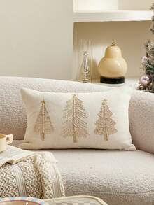 1Pc Corded Embroidery Christmas Tree Pillow Case, Chenille Decorative Cushion Cover With Hidden Zipper, Sofa Home Christmas Decor, Pillow Insert Not Included - Beige - View 10