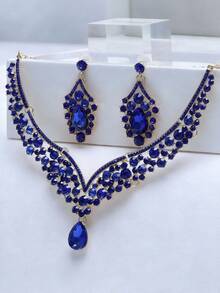 3-Pcs Women Bridal Wedding Deep Blue Necklace & Earrings Set, Elegant Wedding & Party Jewelry Accessories - Royal Blue - View 3