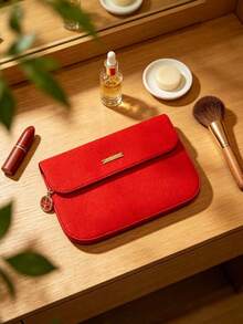 Armani Red Makeup Bag, Embossed Logo, Zipper Closure, Large Capacity Travel Cosmetic Organizer With Handle, Women's Beauty Storage Gift - Red Bag 2 - View 1