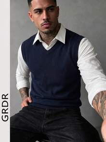 Chaleco de punto de unicolor con cuello en V casual y versátil para hombres GRDR - Azul Marino - Ver 4