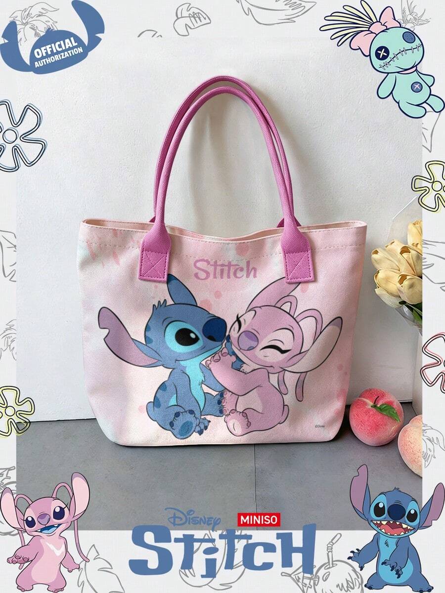 Miniso Disney Stitch & Angel Pink Tie-Dye Canvas Tote Bag, Casual Shoulder Bag With Handle, Suitable For Daily Use - Pink - View 1