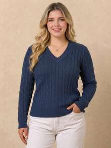 Women's Plus Size Cable Knit Sweater, Long Sleeve V-Neck Pullover, Classic Autumn/Winter Knit Top, Preppy Style - Blue - View 4
