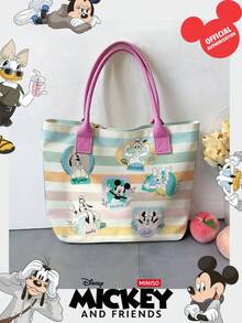 Miniso Disney Mickey & Friends 帆布托特包，馬卡龍色條紋印花，附手柄肩背包，適合日常使用 - 粉色 - 查看 1