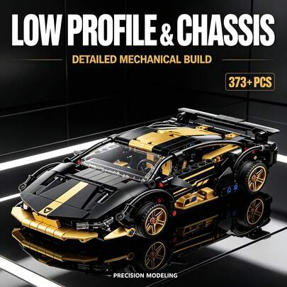Black & Gold Supercar Building Model, 373+ Pieces Adult Collectible Brick Set, Low Chassis, Wheels & Spoiler, Perfect Gift For Collectors On Halloween, Christmas, Thanksgiving And Birthday