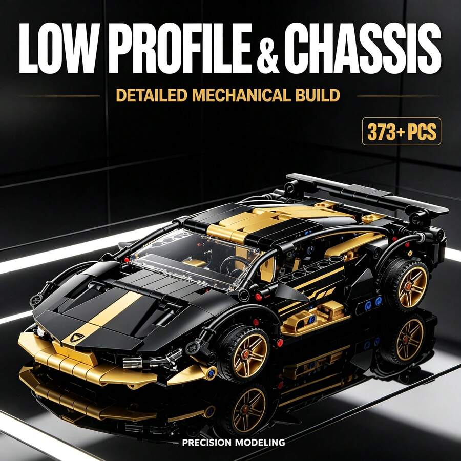 Black & Gold Supercar Building Model, 373+ Pieces Adult Collectible Brick Set, Low Chassis, Wheels & Spoiler, Perfect Gift For Collectors On Halloween, Christmas, Thanksgiving And Birthday - Black Bull Racing - View 1