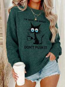 Women's Spring/Autumn Crew-Neck Long-Sleeve T-Shirt – Playful Text Print With Black Cat Graphic - Dark Forest Green - View 3