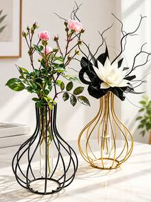 1pc/Hollow Iron Art Glass Vase, Ins Style Vase, Suitable For Dried Flowers, Artificial Flowers, Reed Flowers, Roses And Other Small Desktop Decor Home Accessories, For Living Room, Bedroom, Floral Arrangement Vase - Pumpkin Bottle - View 1