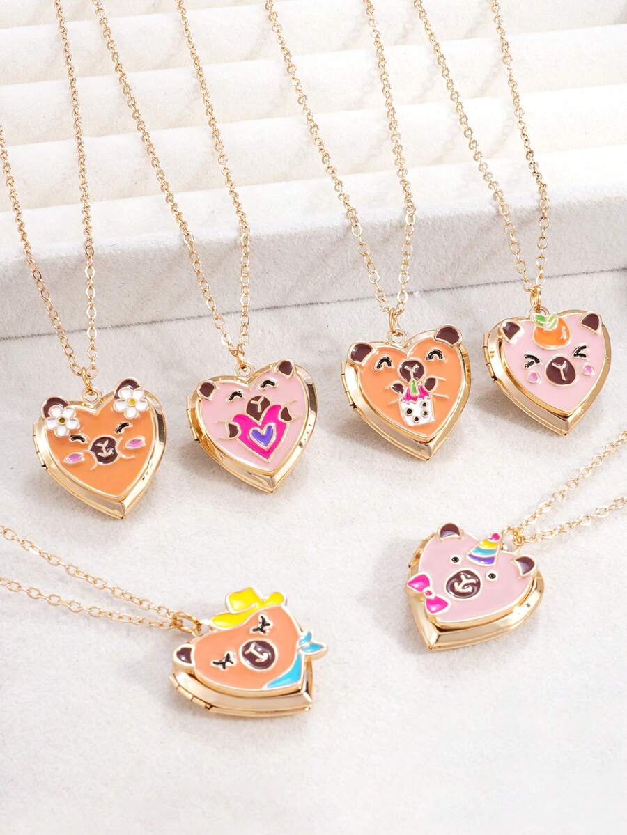 1Pc Cute Cartoon Capybara Heart Locket Necklace For Girls, Openable Enamel Photo Locket Pendant Necklace, Kawaii Kids Best Friend Jewelry Gift - Multicolor - View 1