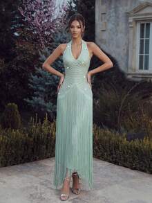 FEELAIR Sexy Halter Neck Sleeveless Backless Heavy Rhinestone Tassel Maxi Dress, Suitable For Wedding, Holiday, Party, Women's Formal Evening - Mint Green - View 7