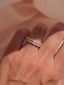 1pc Asymmetric Double Half-Wrap Rectangular & Round Cubic Zirconia Ring, Women's Wedding, Promise, Eternity Ring, Exquisite Jewelry Gift - Double Half Circle Rectangular Marquise Round Diamond Ring - View 6