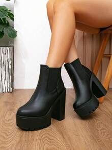 Women's Round Toe Thick Sole Ankle Boots With Side Elastic Panel Design, Chunky Heel Silhouette, Daily Fashion Boots - Black - View 1