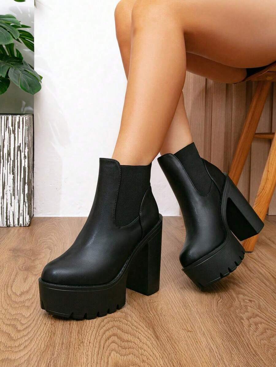 Women's Round Toe Thick Sole Ankle Boots With Side Elastic Panel Design, Chunky Heel Silhouette, Daily Fashion Boots - Black - View 1