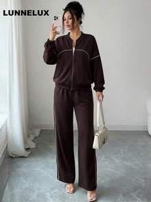 LUNNELUX Women Fall 2 Pieces Contrast Piping Women Zip Front Stand Collar Sweatshirt & Elastic Waist Wide Leg Pants With Side Pockets Daily Outfit - Purple - View 2