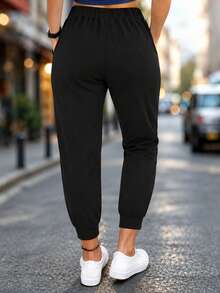 Pantalones jogger casuales de unicolor con cordón en la cintura, negro, primavera - Negro - Ver 3