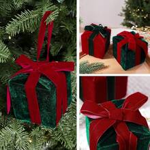 Velvet Christmas Gift Box Ornament, Red & Green Bow Christmas Tree Hanging Decoration, Holiday Decor - Multicolor - View 5