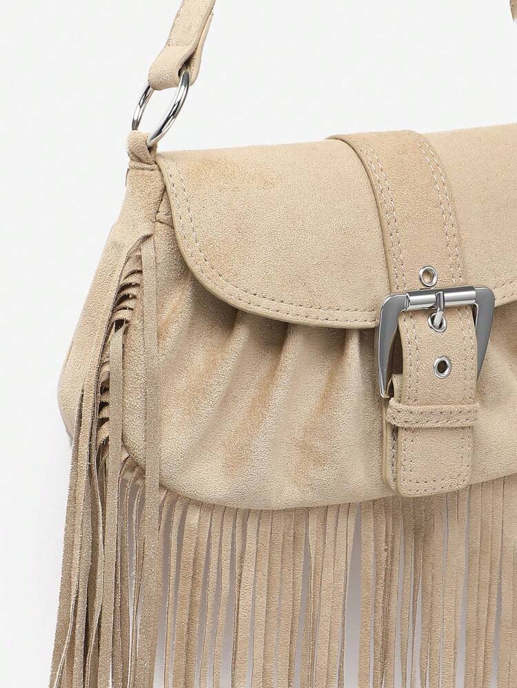 1pc Vintage Button Decor Blue Pleated Cloud Flap Shoulder Chain Underarm Tassel Bag, Suitable For Dating, Outing And Party - Khaki - View 3
