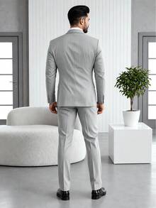 Setelan Jas Pria Formal Bergaris, Jaket dan Celana, 2 Potong, Desain Kasual dan Modis, Cocok untuk Musim Semi dan Gugur, Pakaian Sehari-hari - Light Grey - View 5