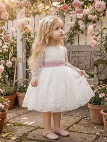 Baby Girls Lace Long Sleeve Embroidered Back V-Neck Puff Tulle Elegant Gorgeous Princess Dress Flower Girl Gown Suitable For 1st Birthday Party Baptism Holiday Ball - White - View 6
