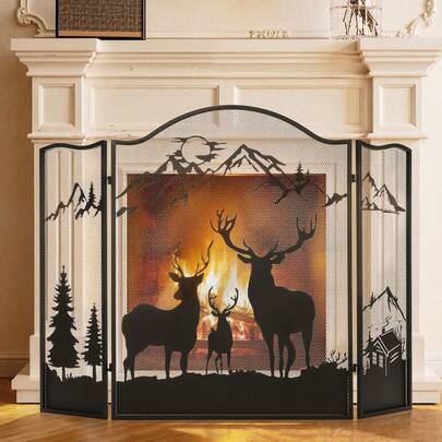 Fireplace Screen Spark Guard, Foldable Hearth Cover Protector, For Indoor Living Room Patio Fire Pit, Decorative Mesh Barrier Standing Fence, Rustic Vintage Style, Black, One Piece