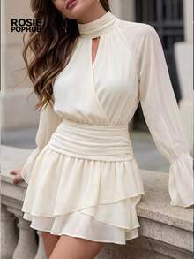 ROSIE POPHUB Women Cream Mock Neck Keyhole Flare Long Sleeve Ruched Waist Tiered Ruffle Mini Dress Elegant Party Daily Christmas Fall Winter - Beige - View 4