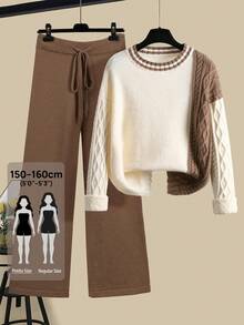 Women's Casual Minimalist Elegant Fashion Commute Comfortable Office Colorblock Cable Knit Round Neck Long Sleeve Sweater Two Pieces Set Home Daily Office Autumn Winter Style - Khaki - View 2